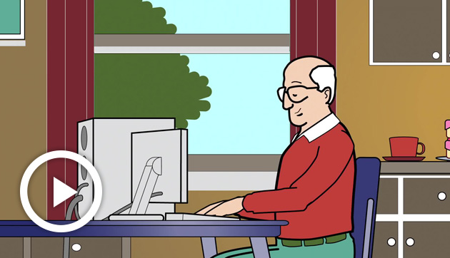An illustration of an older man sitting at a computer in a kitchen.