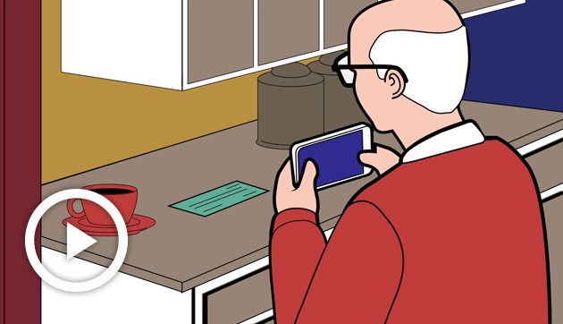 An illustration of an older man taking a photo of a check with his phone.